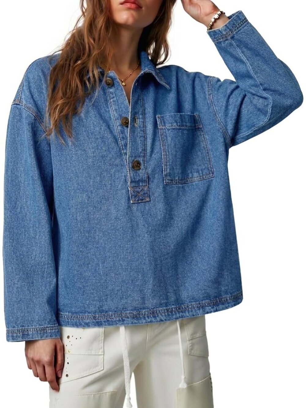 Women’s Blue Denim Long Sleeve Button Up V Neck Jean Shirt Top Blouses